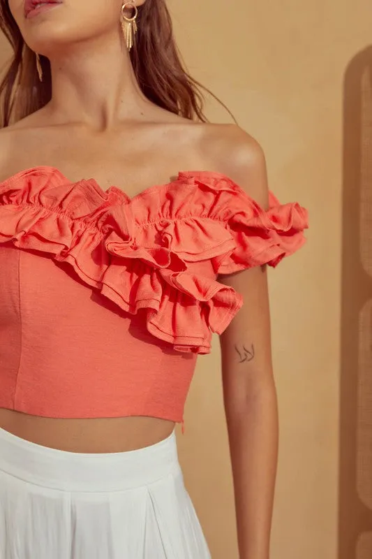Ruffle Shoulder Crop- Coral