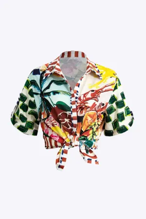 Saffron - Eye-Catching Tropical Print Woman's Crop Shirt