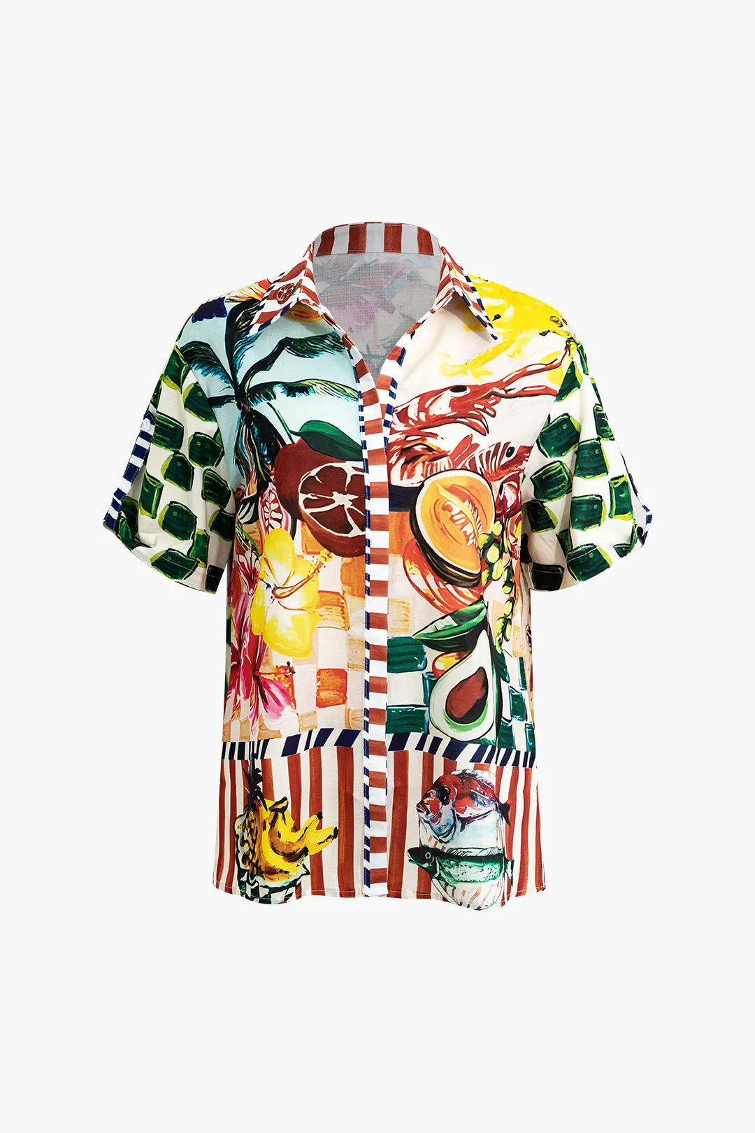 Saffron - Eye-Catching Tropical Print Woman's Crop Shirt