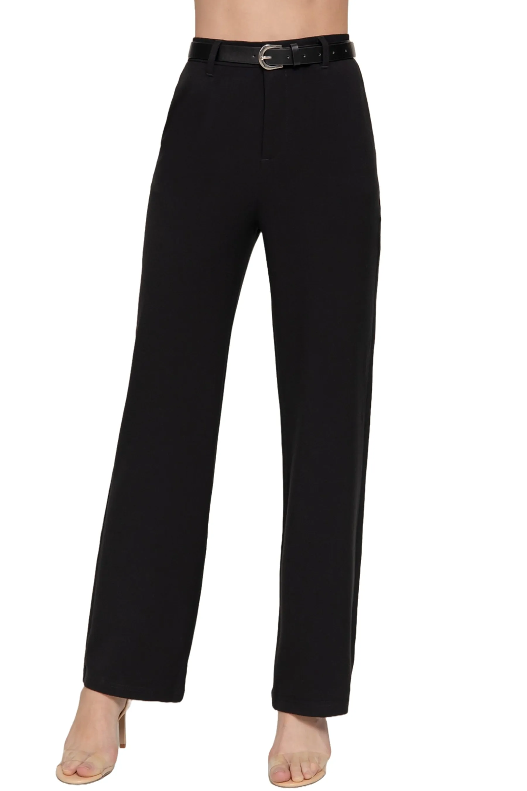 Semi Flare Pants with Faux Leather Belt Two-Tone Woven Fabric ZP14193C28 $14Each