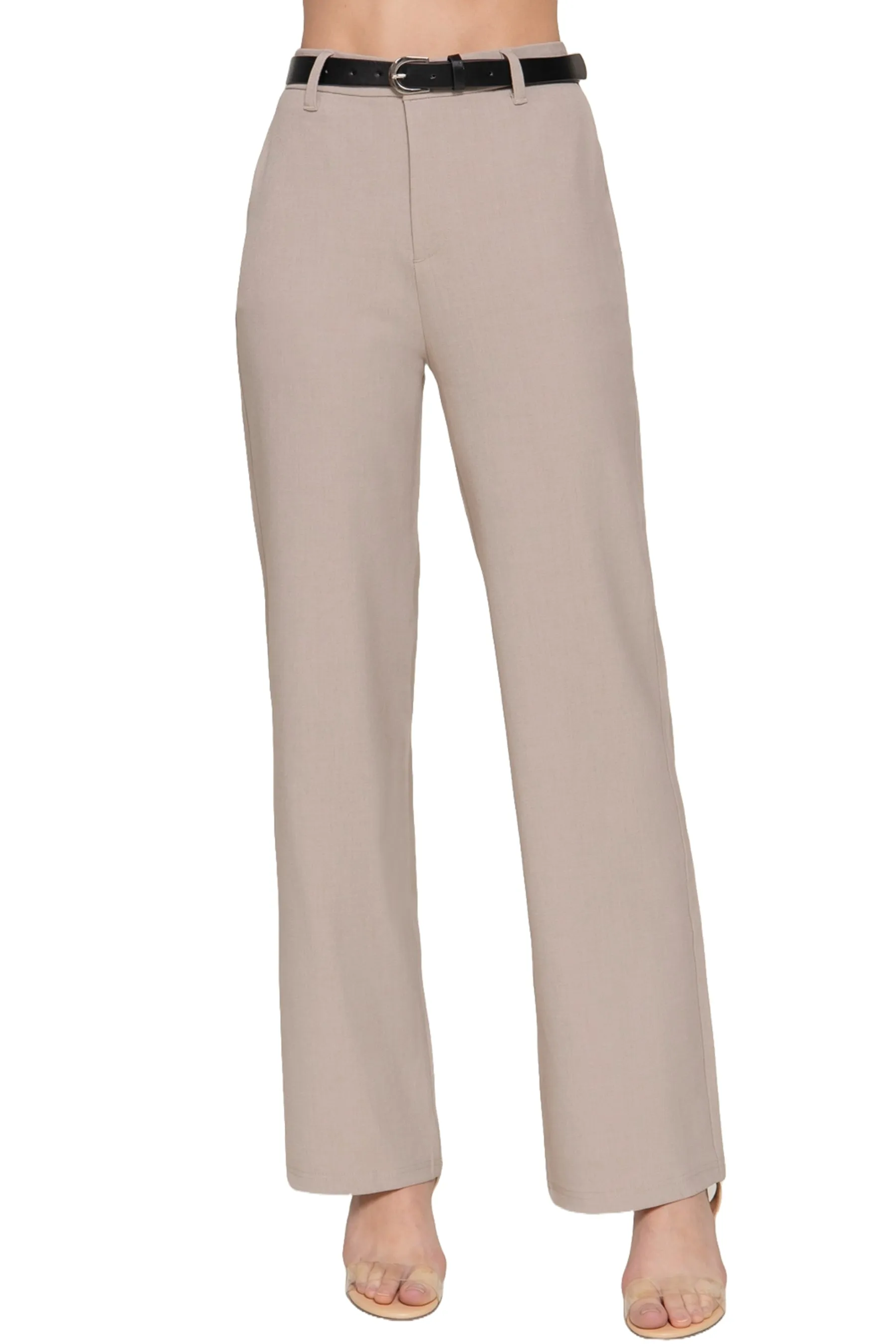 Semi Flare Pants with Faux Leather Belt Two-Tone Woven Fabric ZP14193C28 $14Each