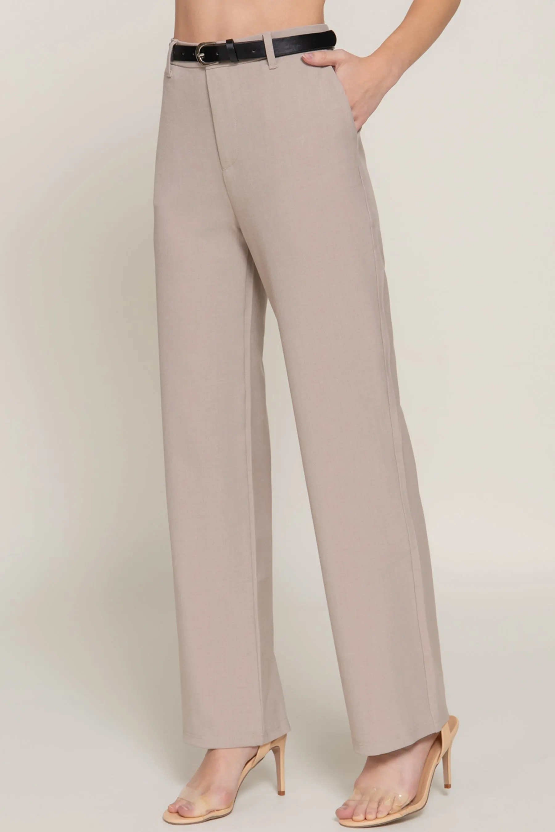 Semi Flare Pants with Faux Leather Belt Two-Tone Woven Fabric ZP14193C28 $14Each