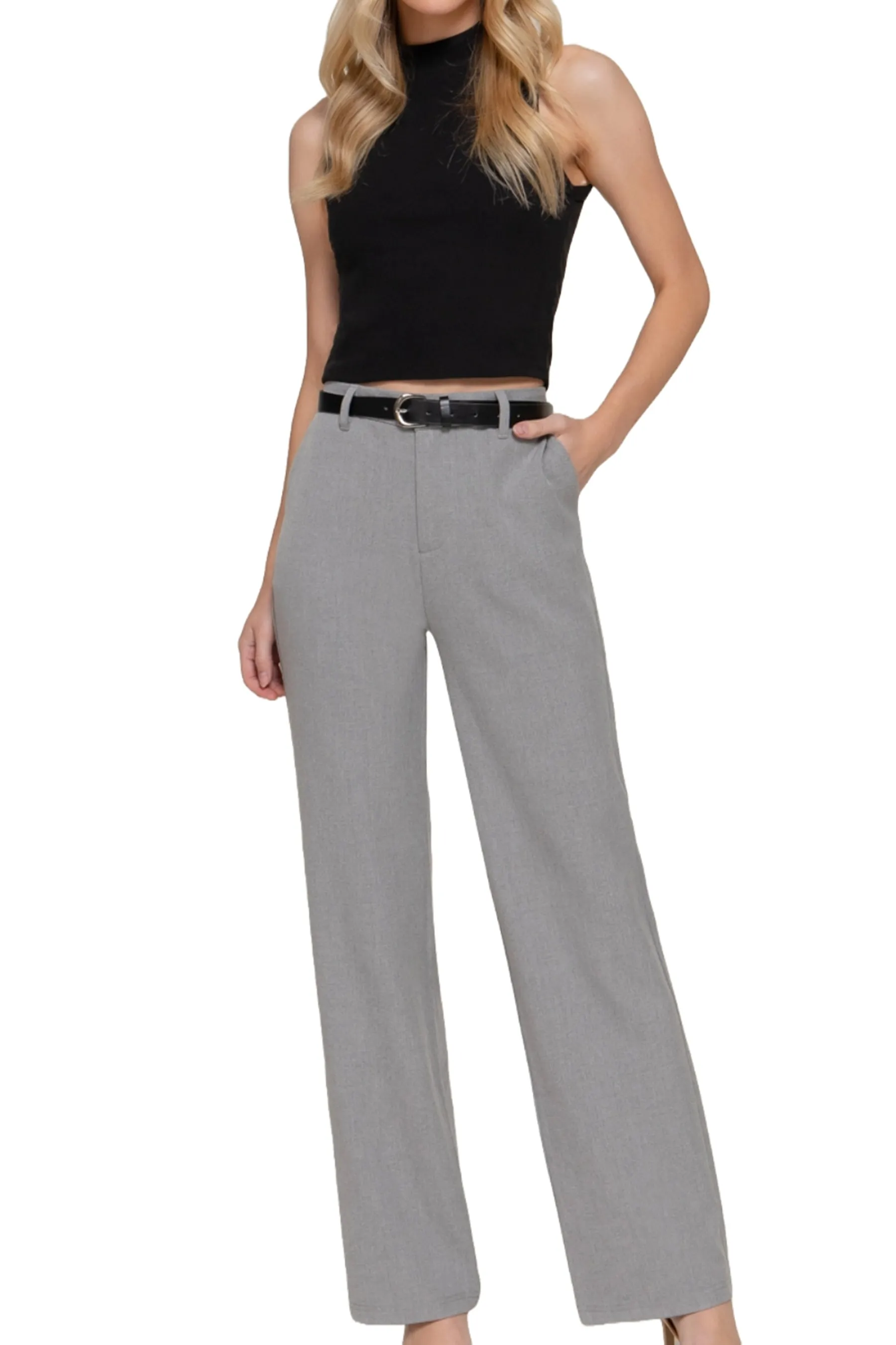 Semi Flare Pants with Faux Leather Belt Two-Tone Woven Fabric ZP14193C28 $14Each
