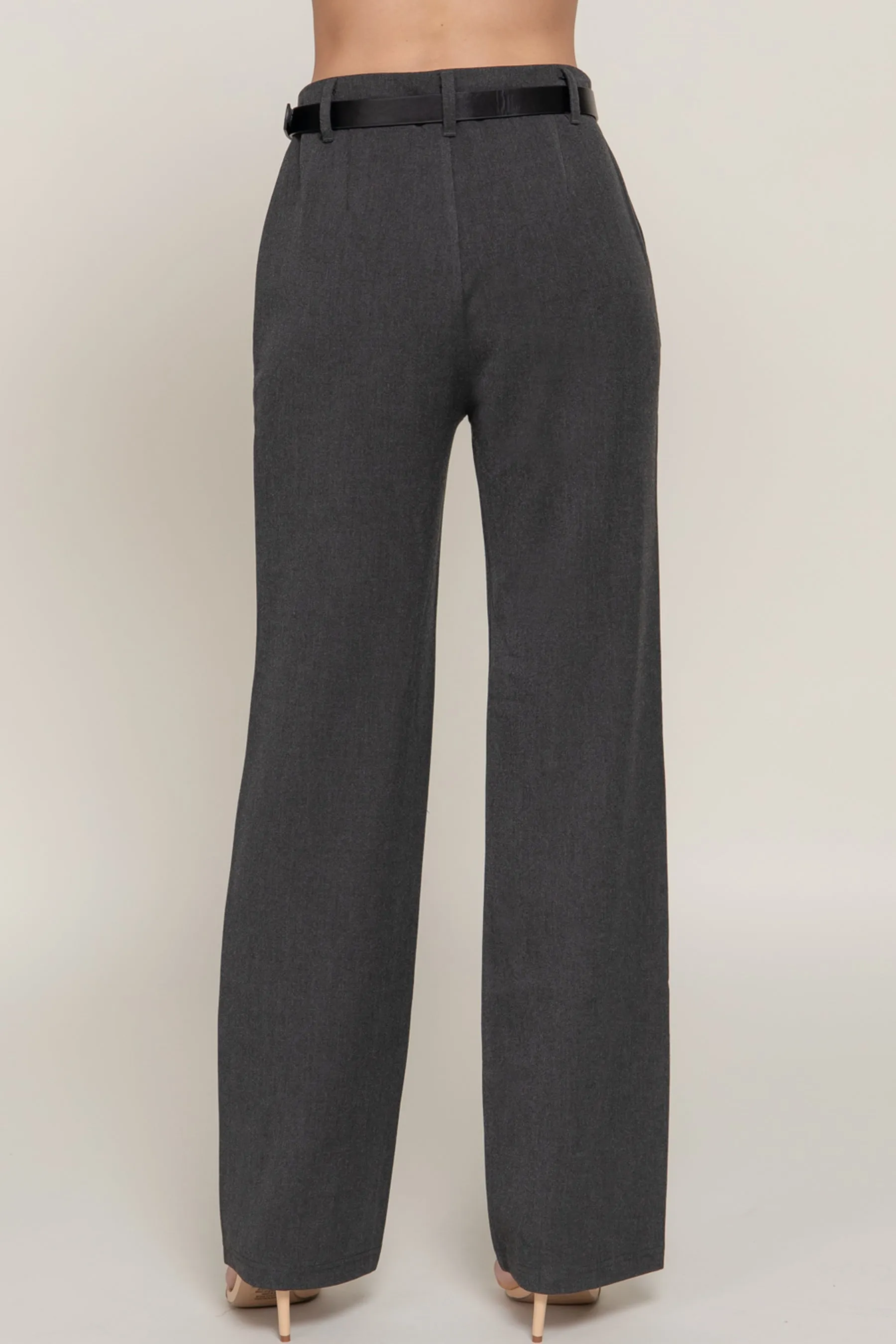 Semi Flare Pants with Faux Leather Belt Two-Tone Woven Fabric ZP14193C28 $14Each