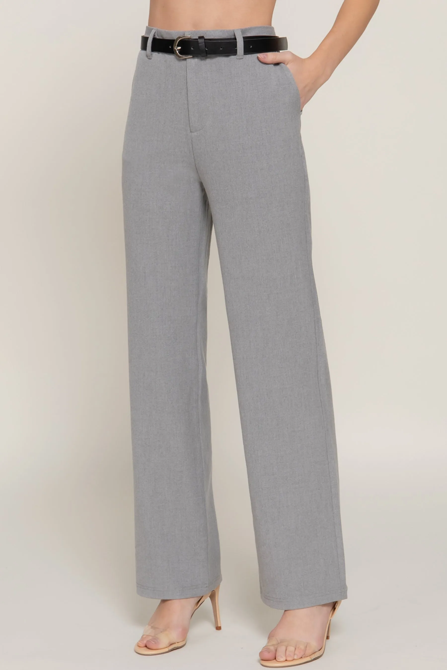 Semi Flare Pants with Faux Leather Belt Two-Tone Woven Fabric ZP14193C28 $14Each