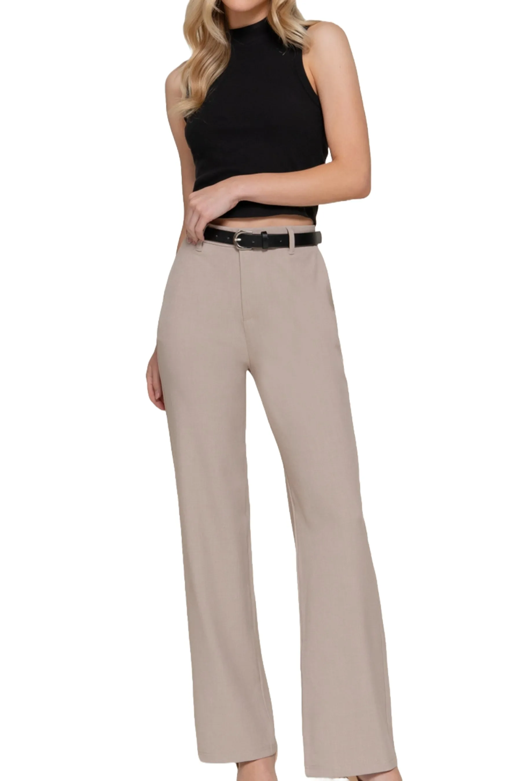 Semi Flare Pants with Faux Leather Belt Two-Tone Woven Fabric ZP14193C28 $14Each