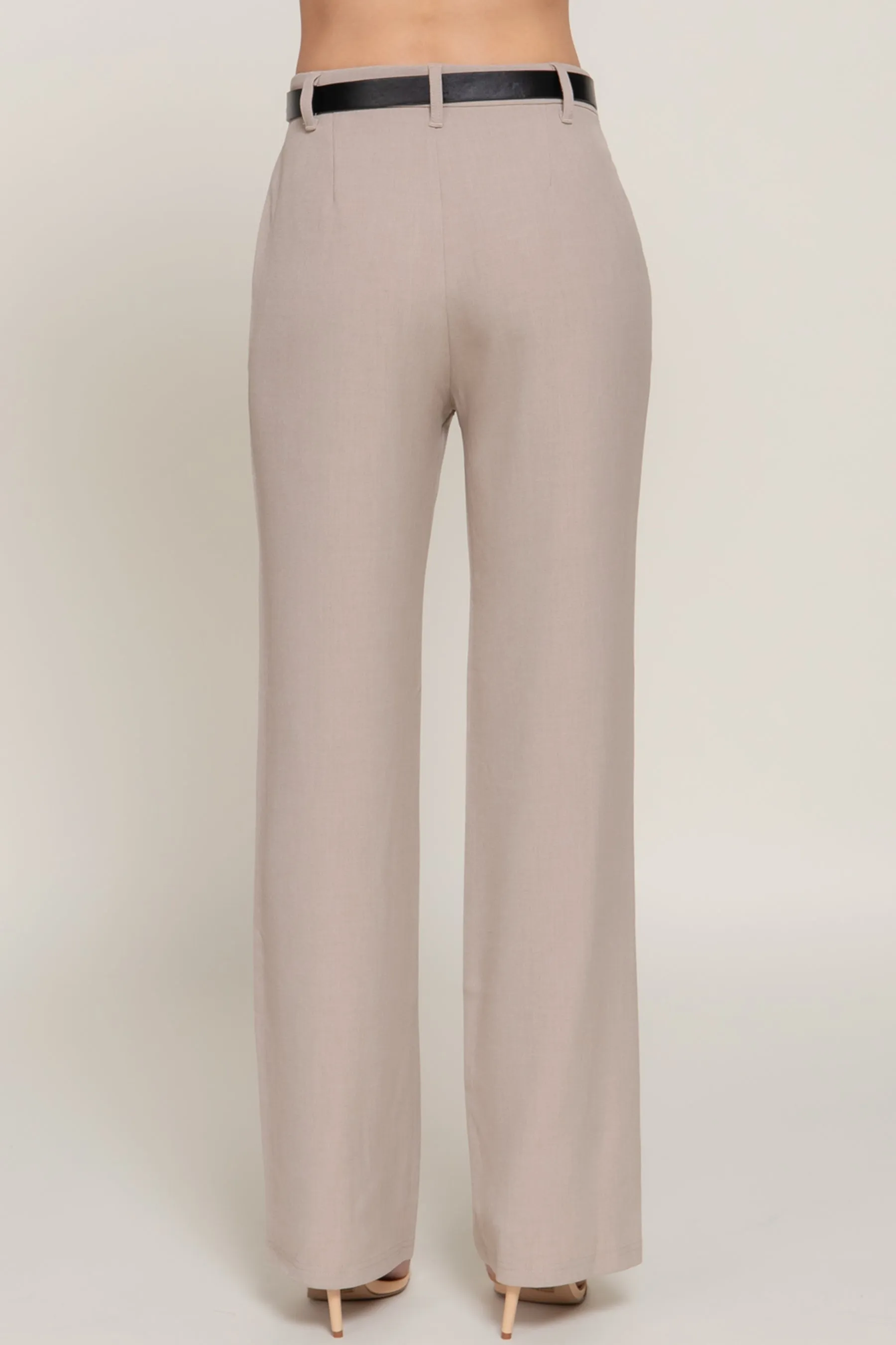 Semi Flare Pants with Faux Leather Belt Two-Tone Woven Fabric ZP14193C28 $14Each
