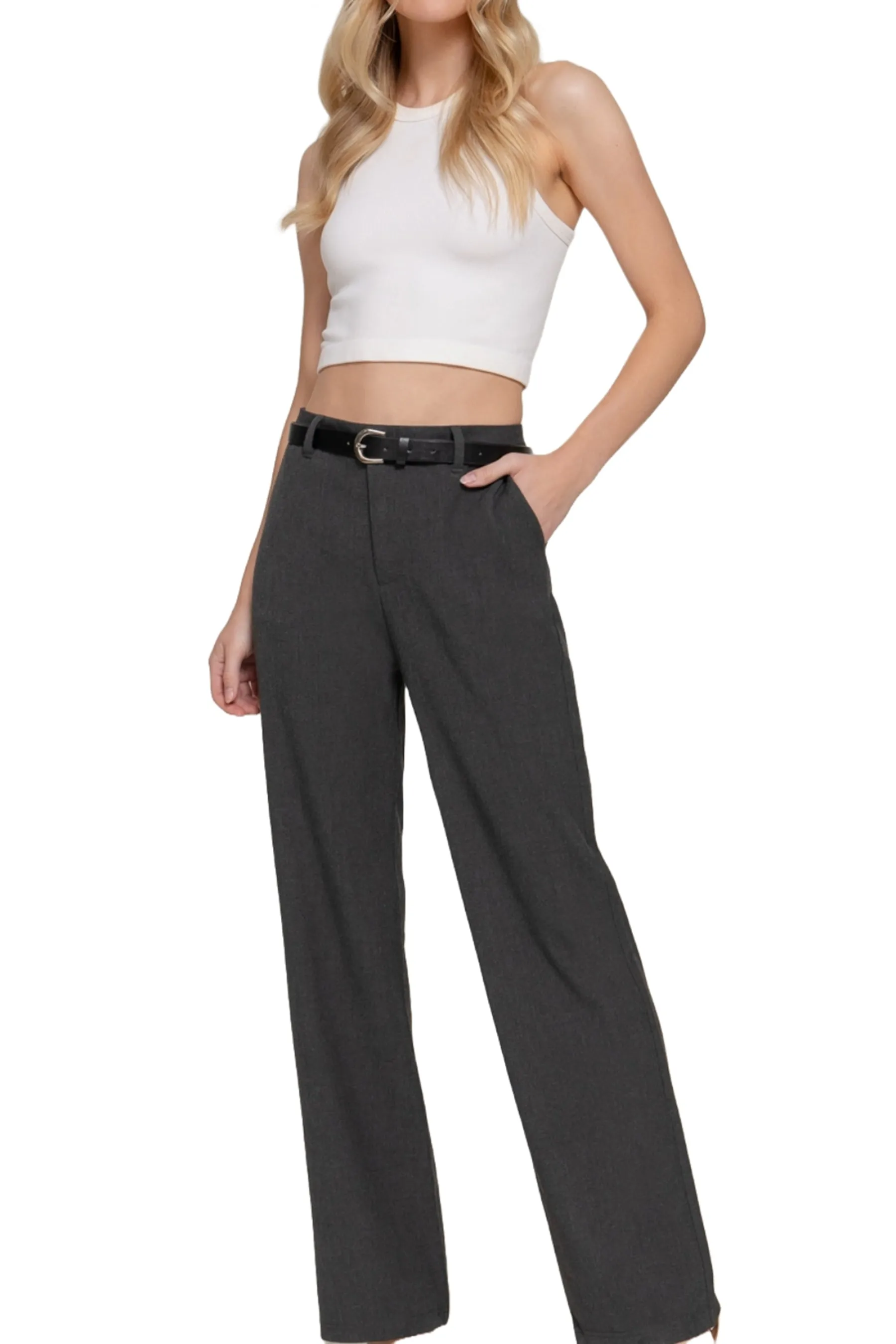 Semi Flare Pants with Faux Leather Belt Two-Tone Woven Fabric ZP14193C28 $14Each