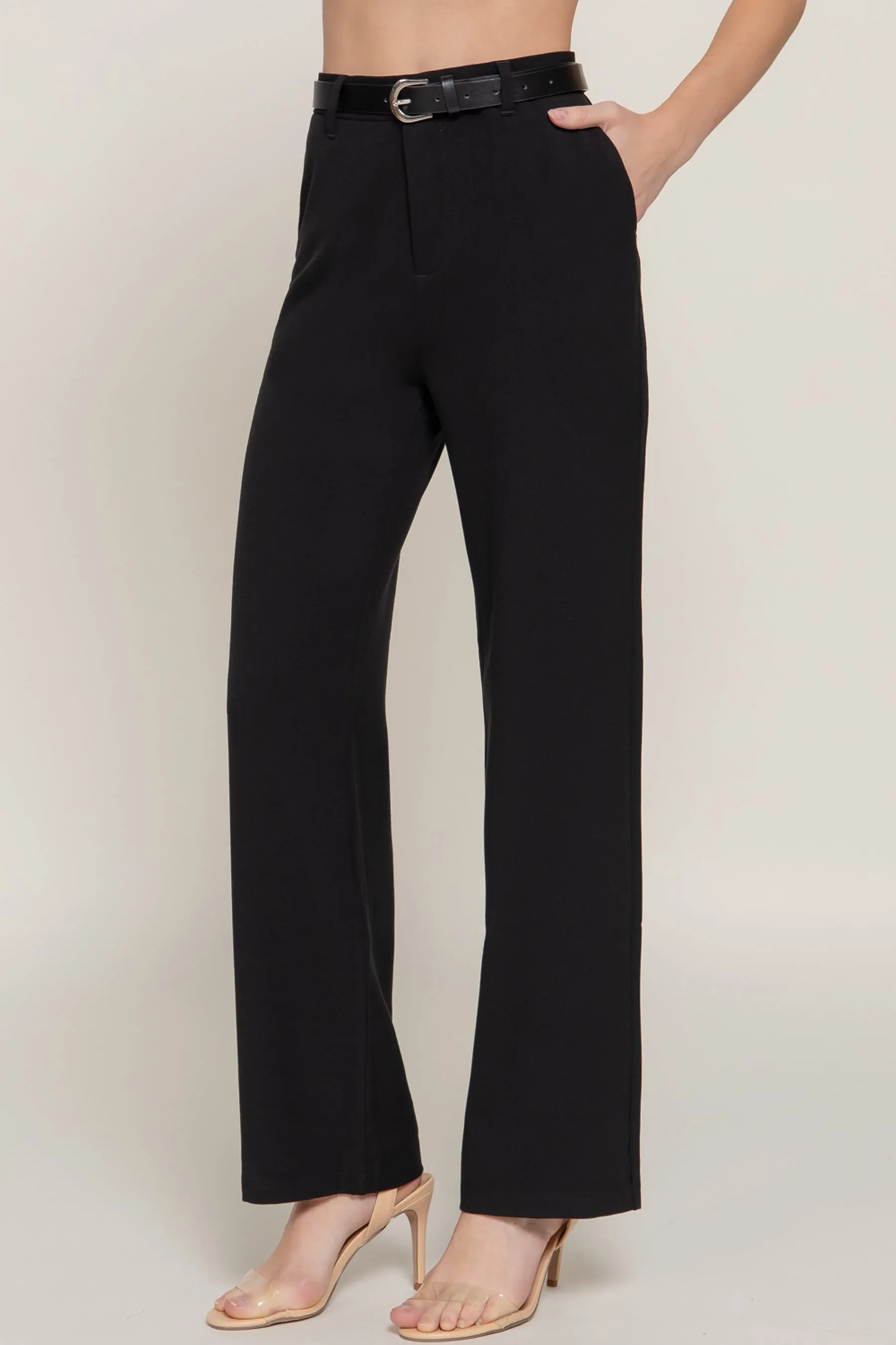 Semi Flare Pants with Faux Leather Belt Two-Tone Woven Fabric ZP14193C28 $14Each