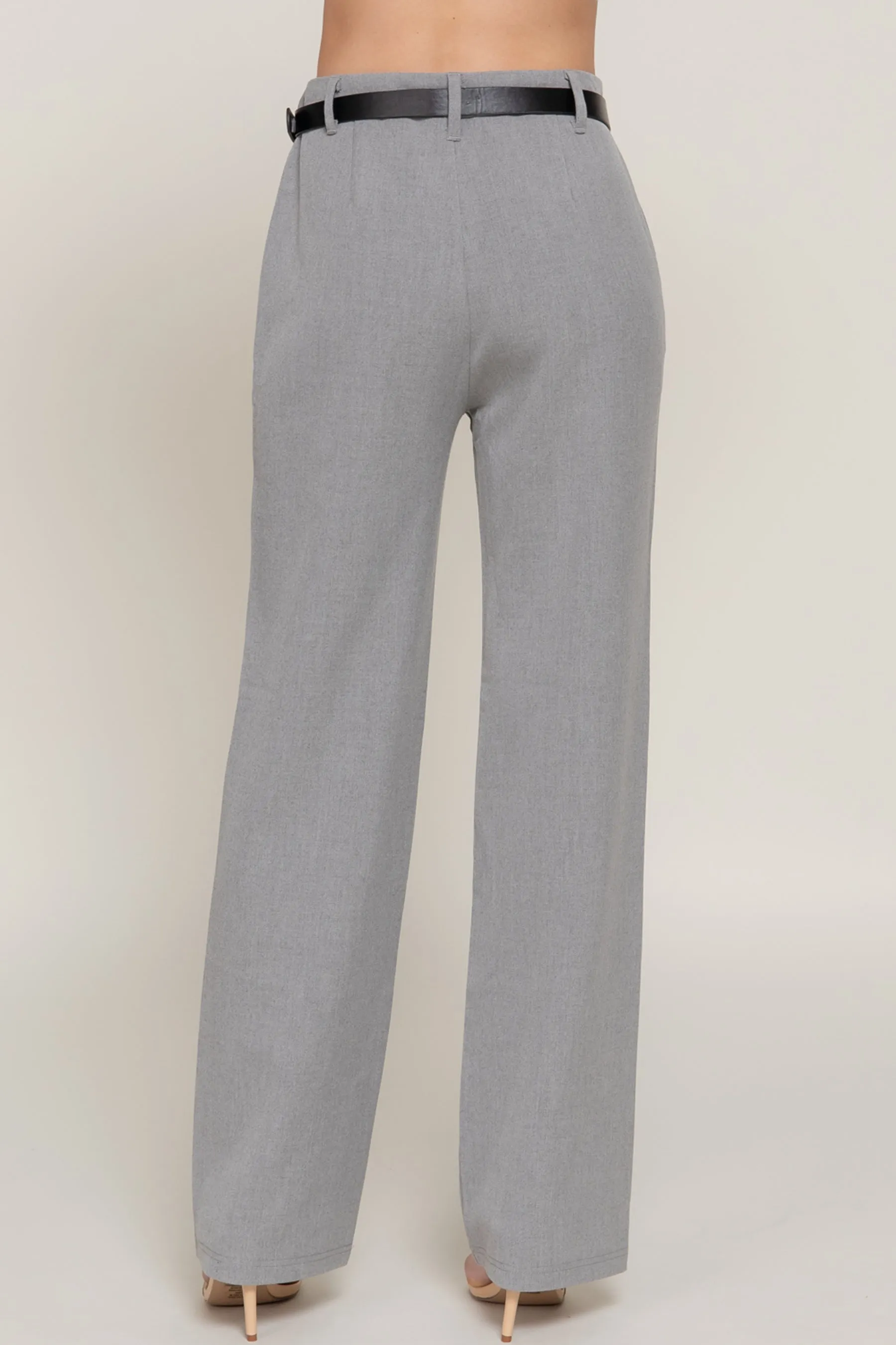 Semi Flare Pants with Faux Leather Belt Two-Tone Woven Fabric ZP14193C28 $14Each