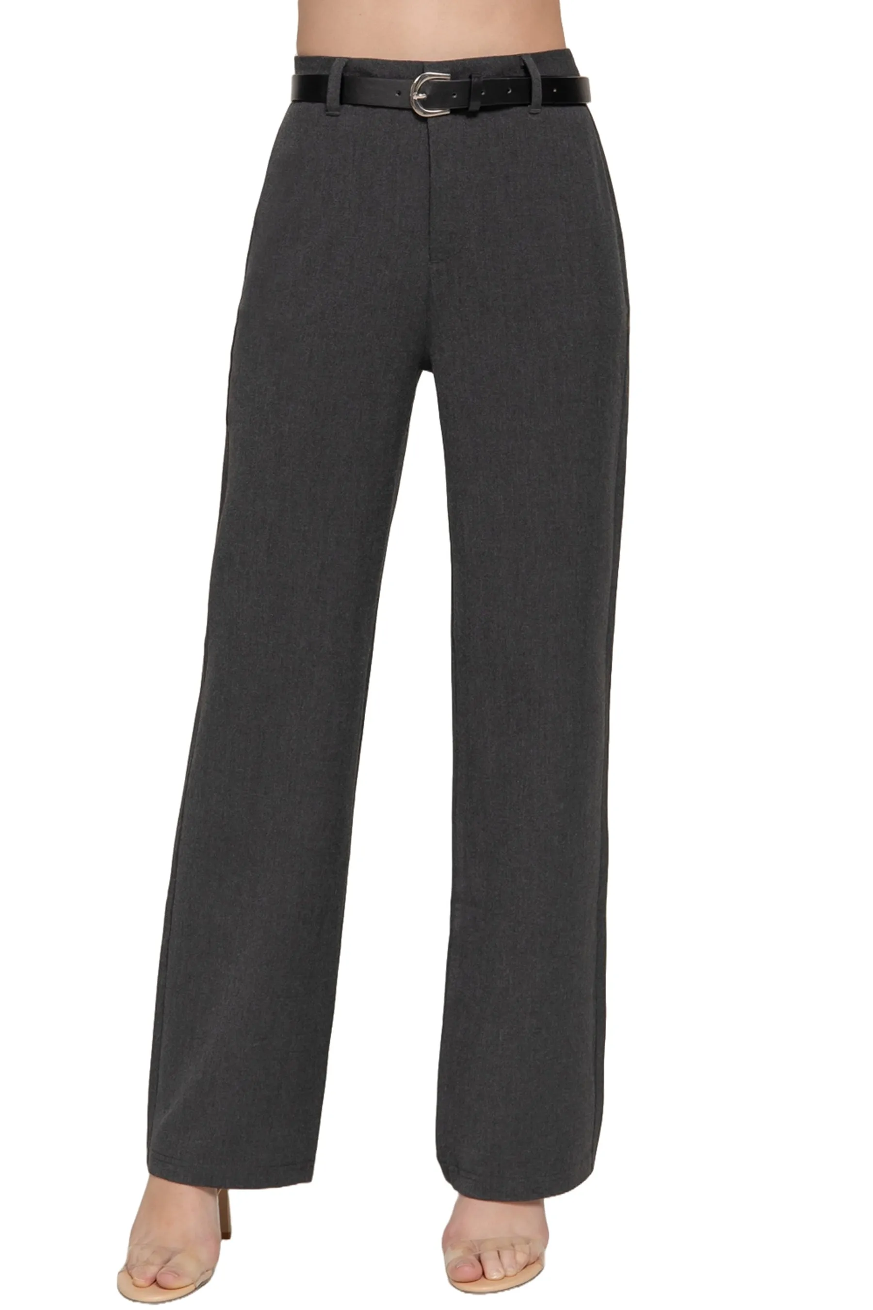 Semi Flare Pants with Faux Leather Belt Two-Tone Woven Fabric ZP14193C28 $14Each