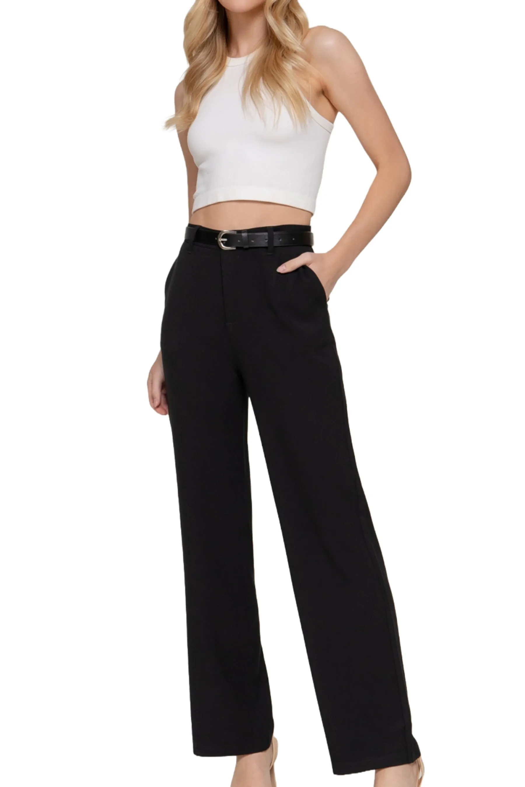 Semi Flare Pants with Faux Leather Belt Two-Tone Woven Fabric ZP14193C28 $14Each