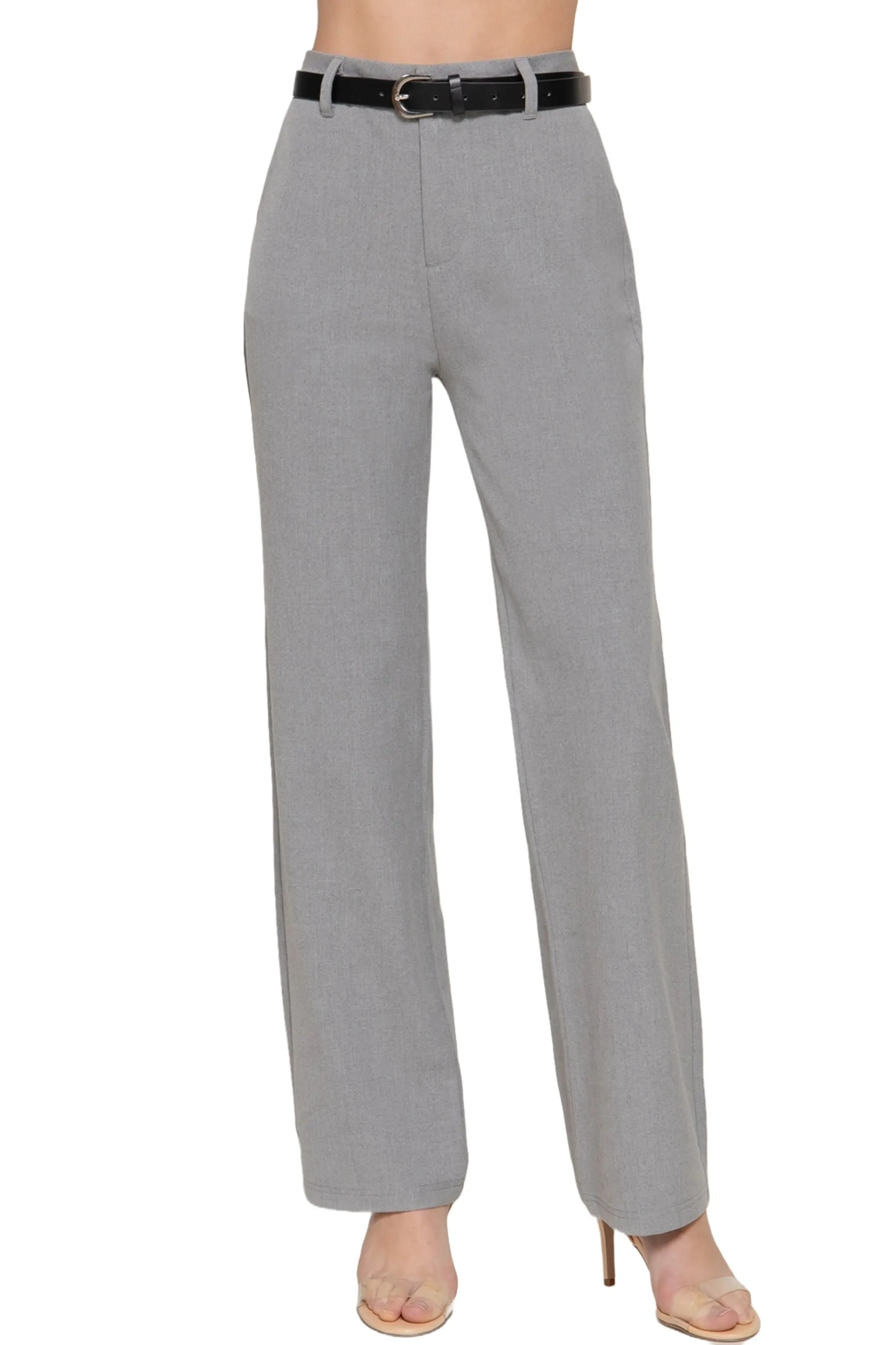 Semi Flare Pants with Faux Leather Belt Two-Tone Woven Fabric ZP14193C28 $14Each