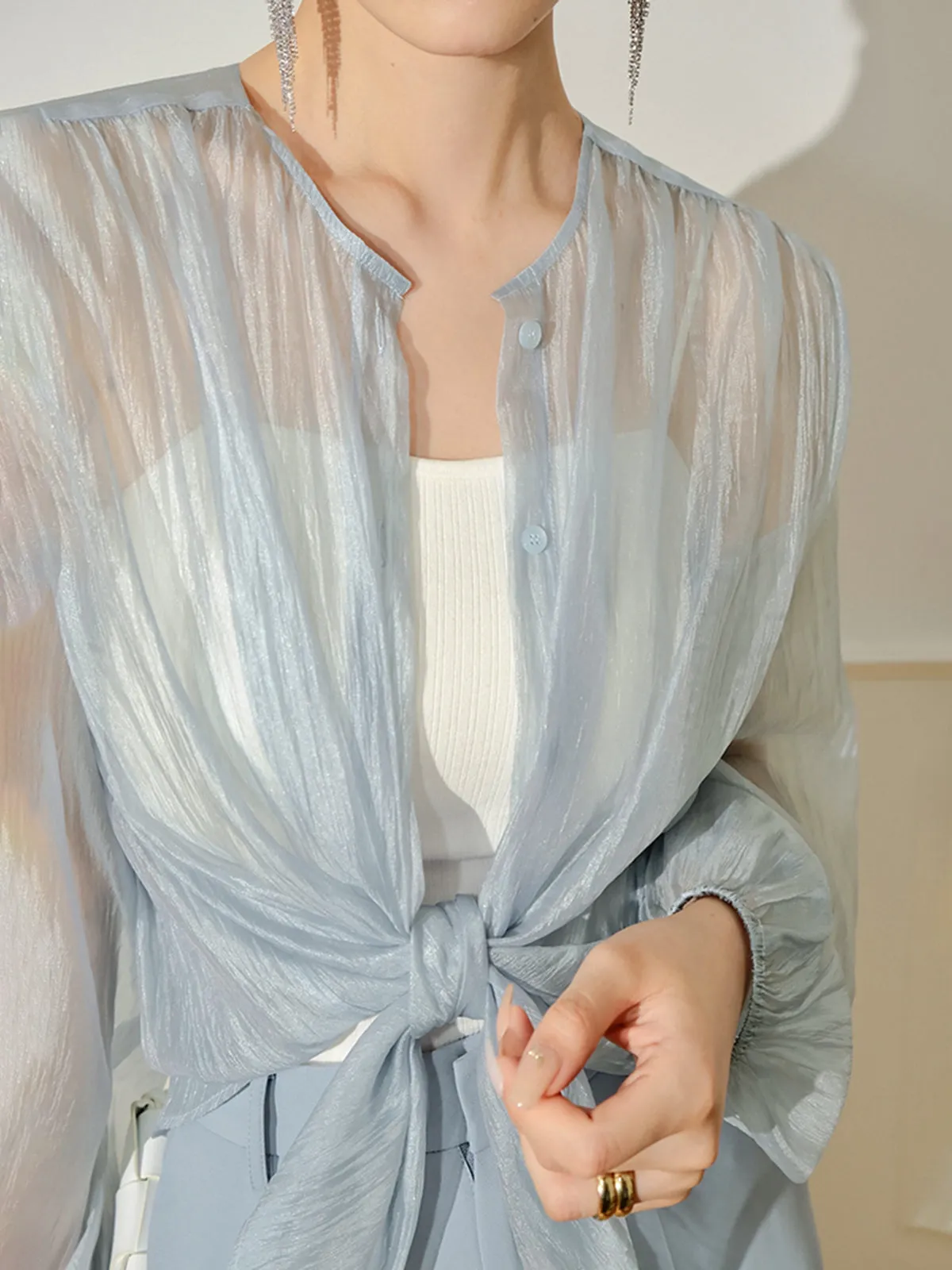 Semi-Sheer Through Long Sleeve Button Blouse