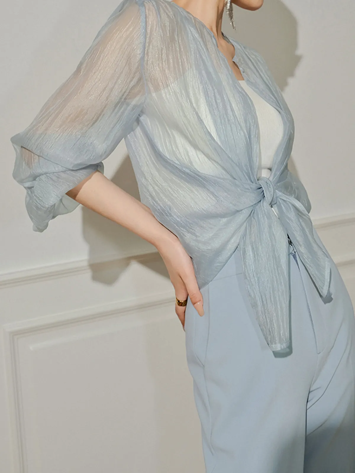 Semi-Sheer Through Long Sleeve Button Blouse