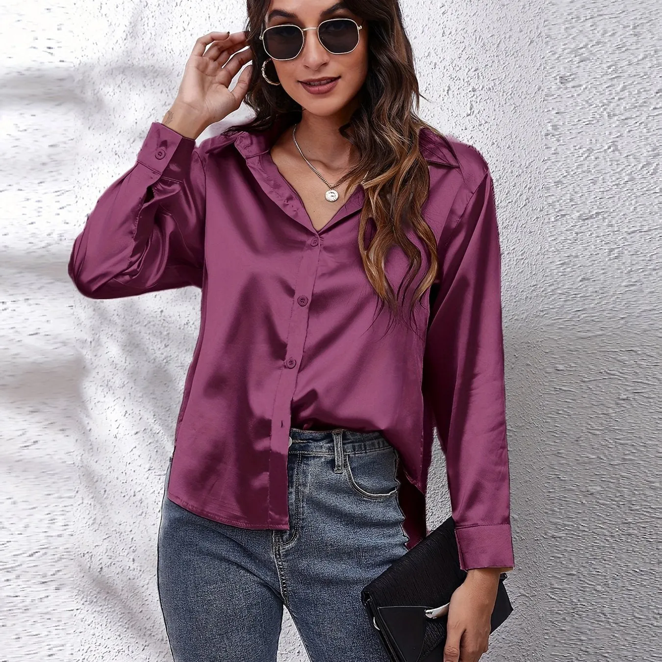 Solid Color Long Sleeve Button Down Tops, Business Casual Blouses For All Seasons, Women's Clothing