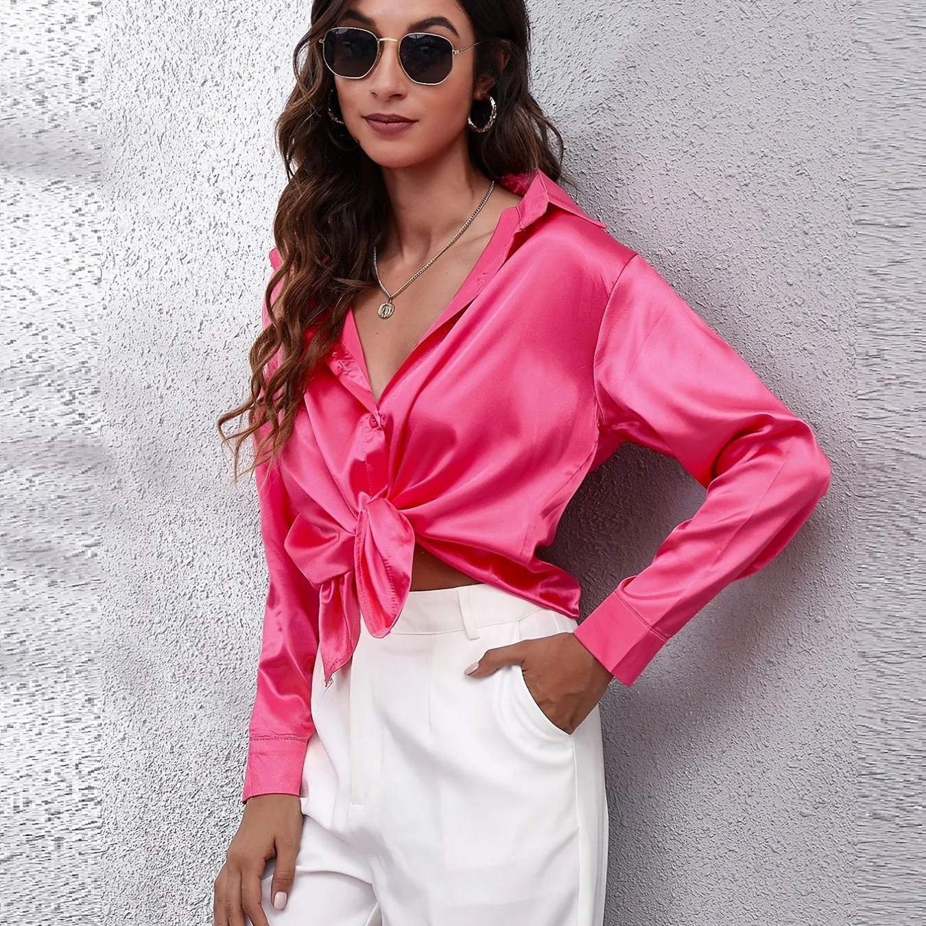 Solid Color Long Sleeve Button Down Tops, Business Casual Blouses For All Seasons, Women's Clothing