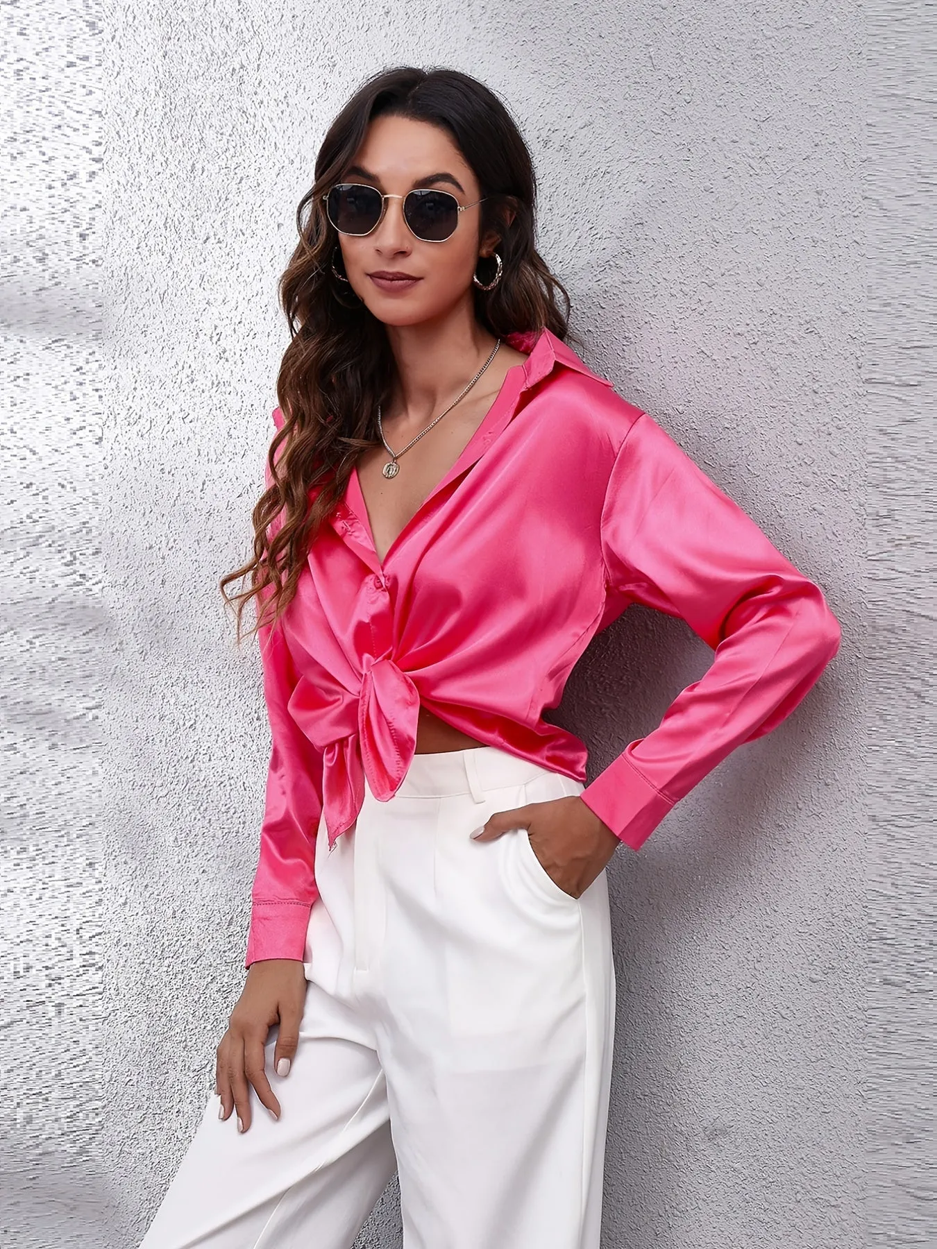 Solid Color Long Sleeve Button Down Tops, Business Casual Blouses For All Seasons, Women's Clothing