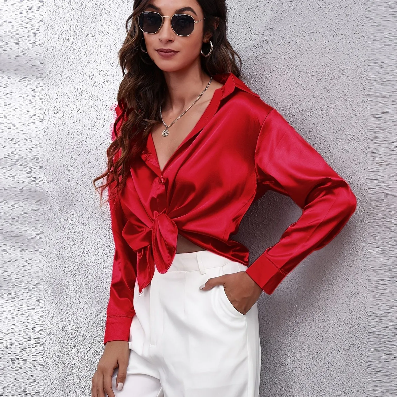 Solid Color Long Sleeve Button Down Tops, Business Casual Blouses For All Seasons, Women's Clothing