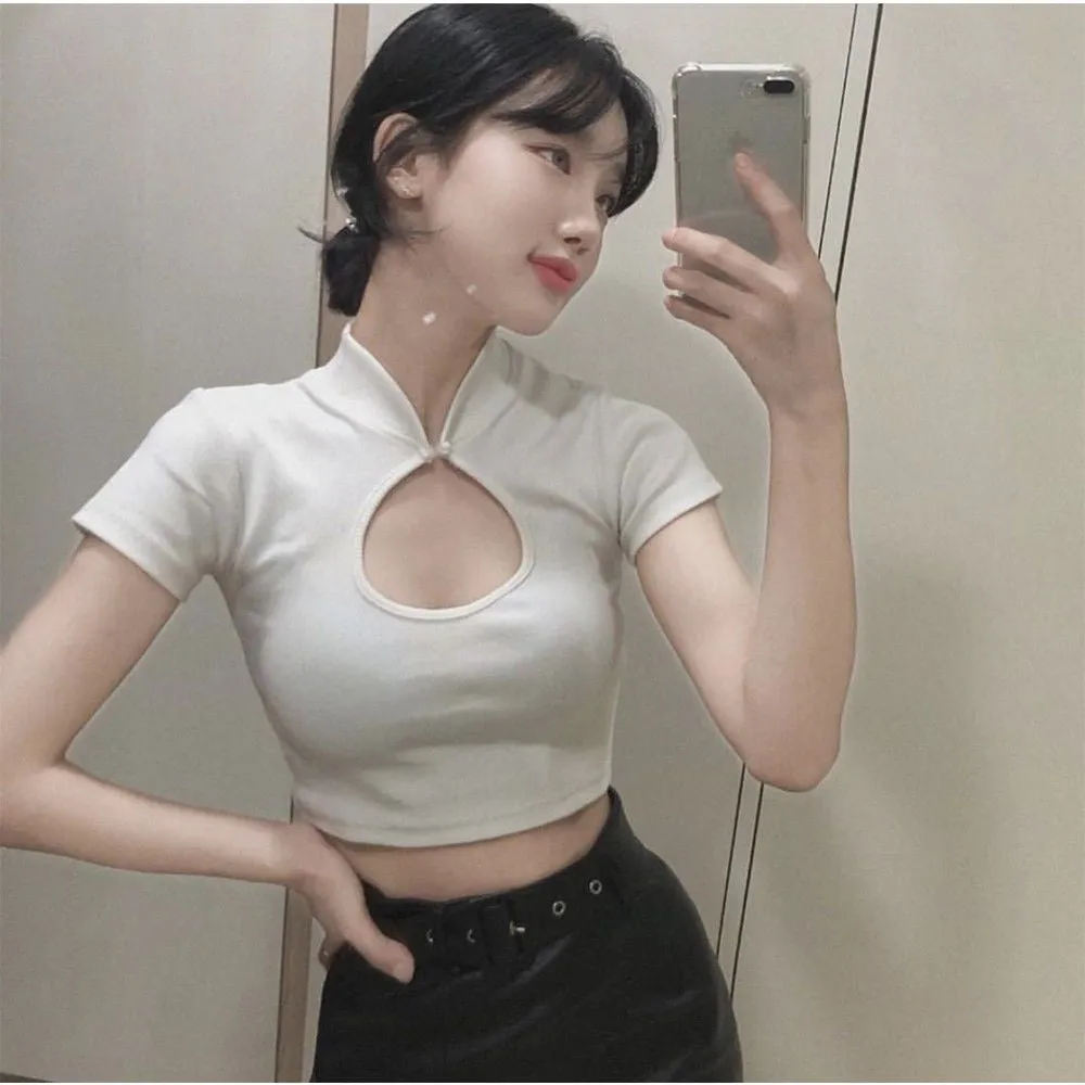 Stand Collar Hollow Out Design Crop Tops