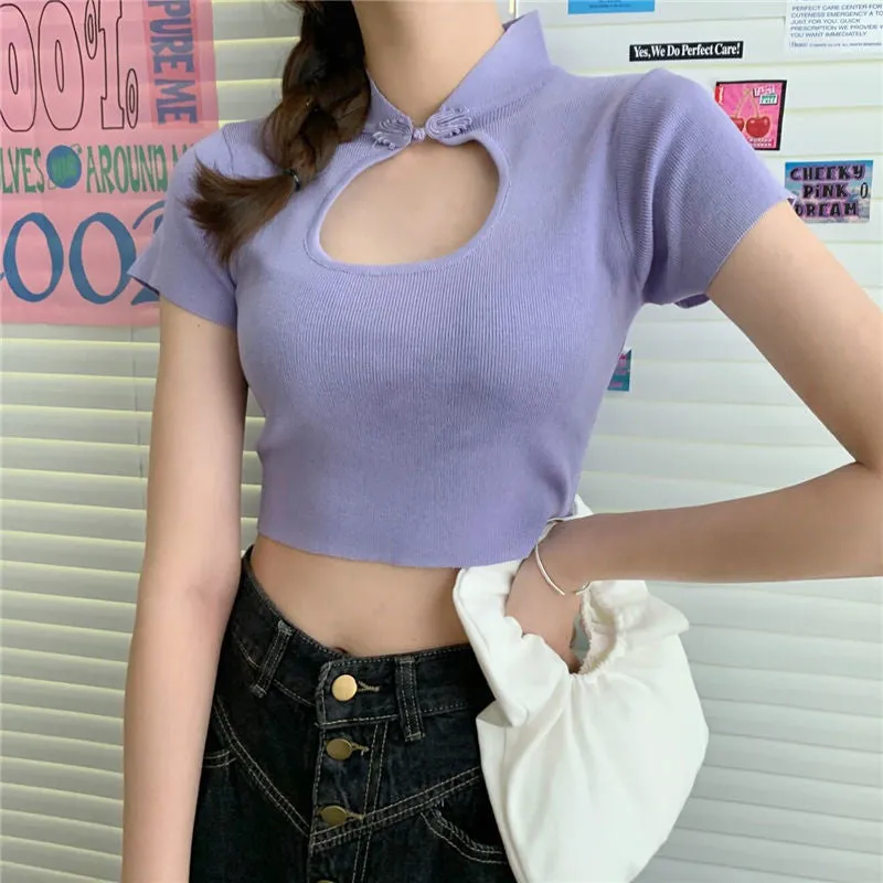 Stand Collar Hollow Out Design Crop Tops