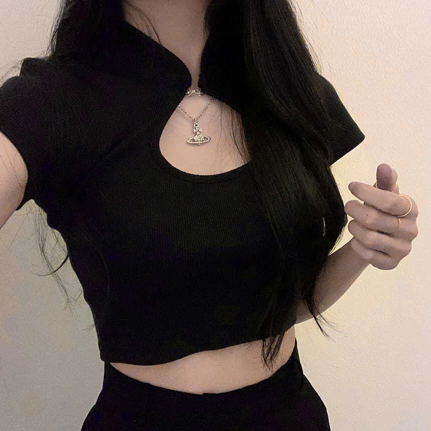 Stand Collar Hollow Out Design Crop Tops