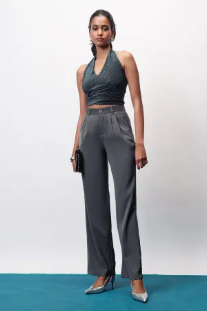 Star Grey Double Pleated Straight Korean Pants