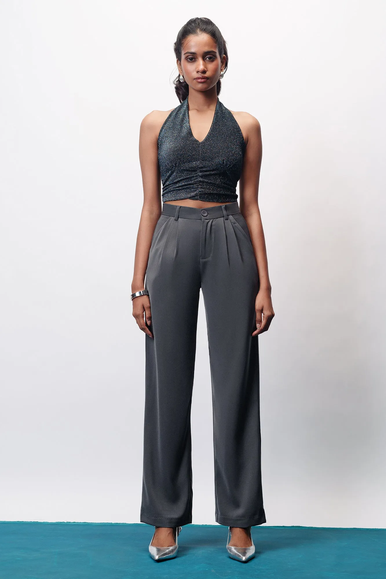 Star Grey Double Pleated Straight Korean Pants
