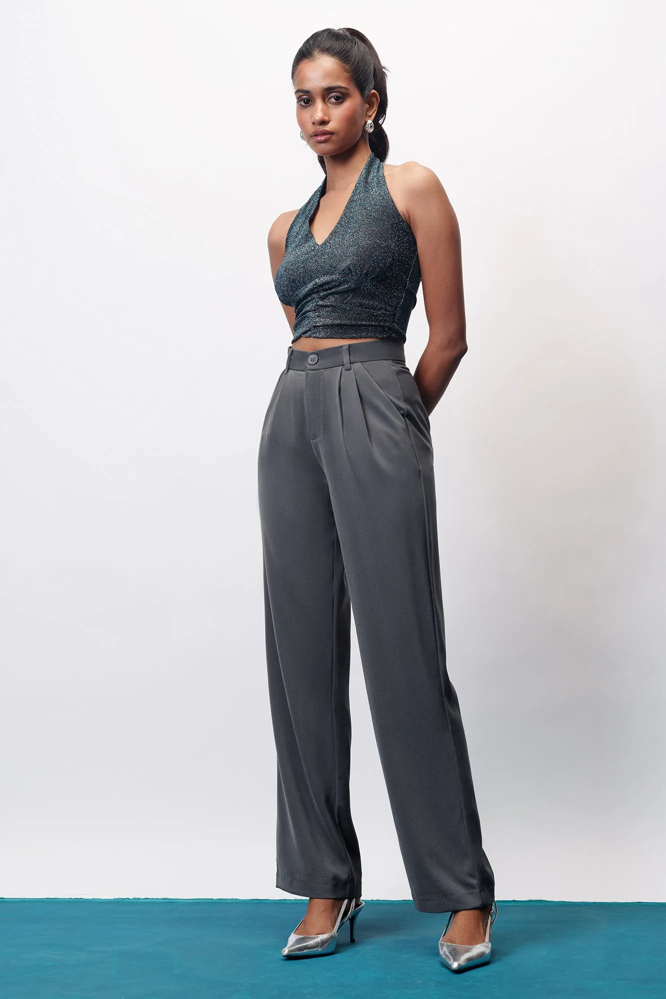 Star Grey Double Pleated Straight Korean Pants