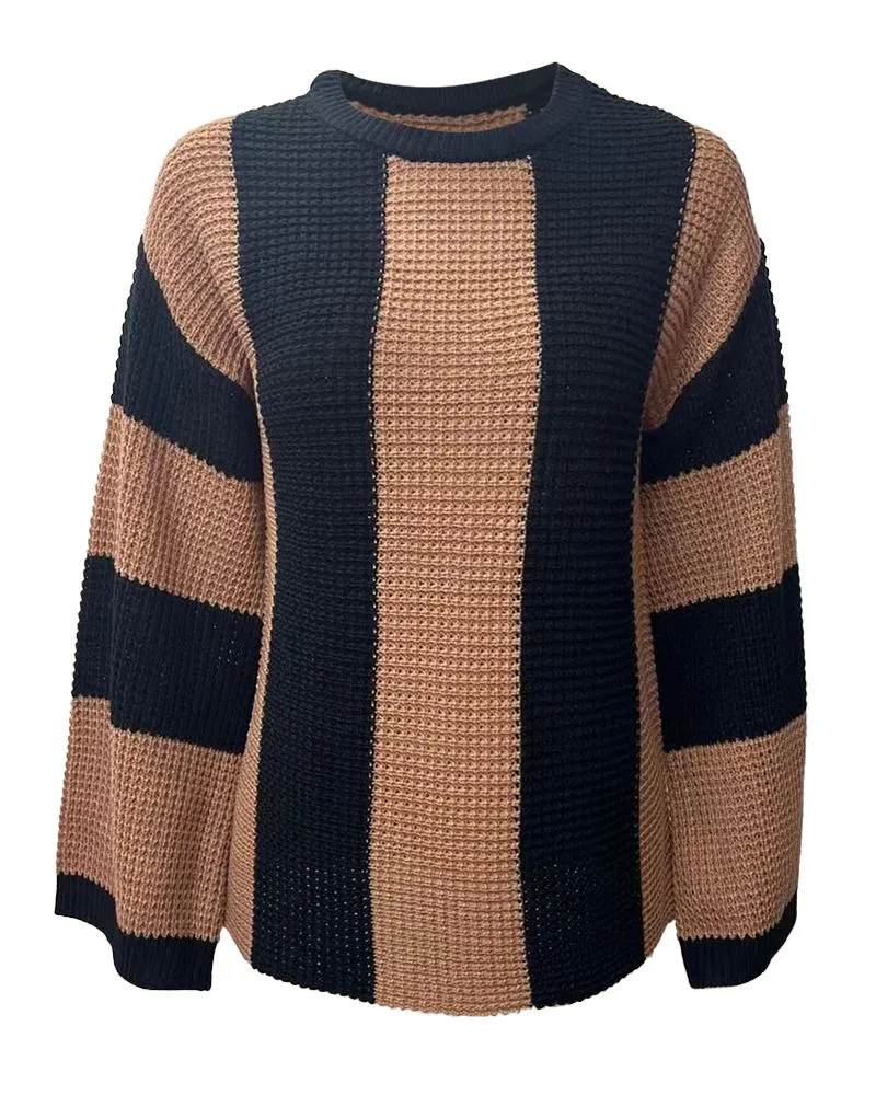 Striped Colorblock O Neck Knit Sweater