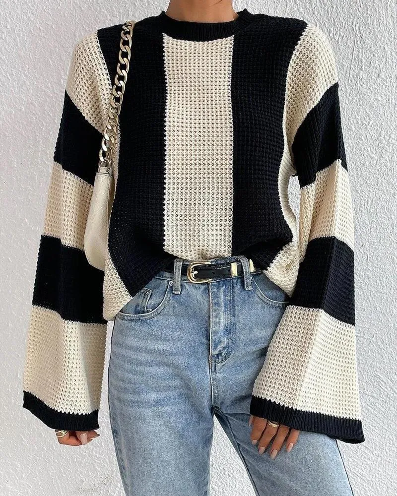 Striped Colorblock O Neck Knit Sweater