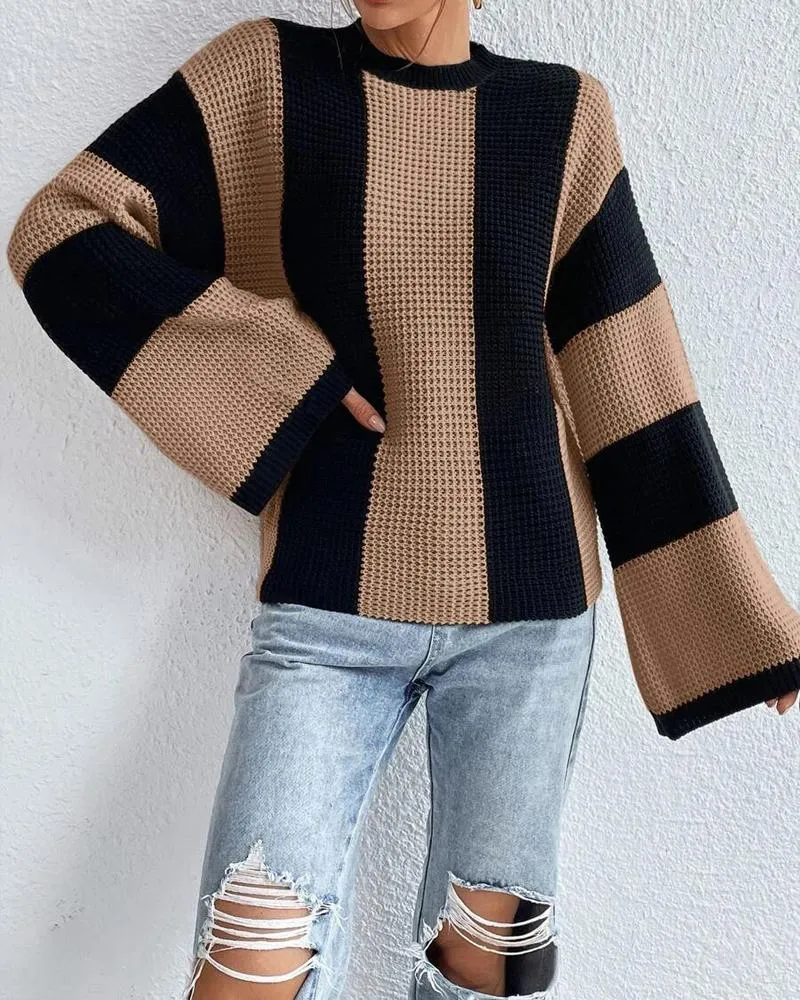 Striped Colorblock O Neck Knit Sweater