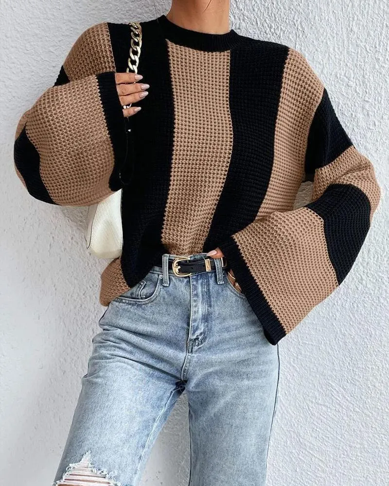 Striped Colorblock O Neck Knit Sweater