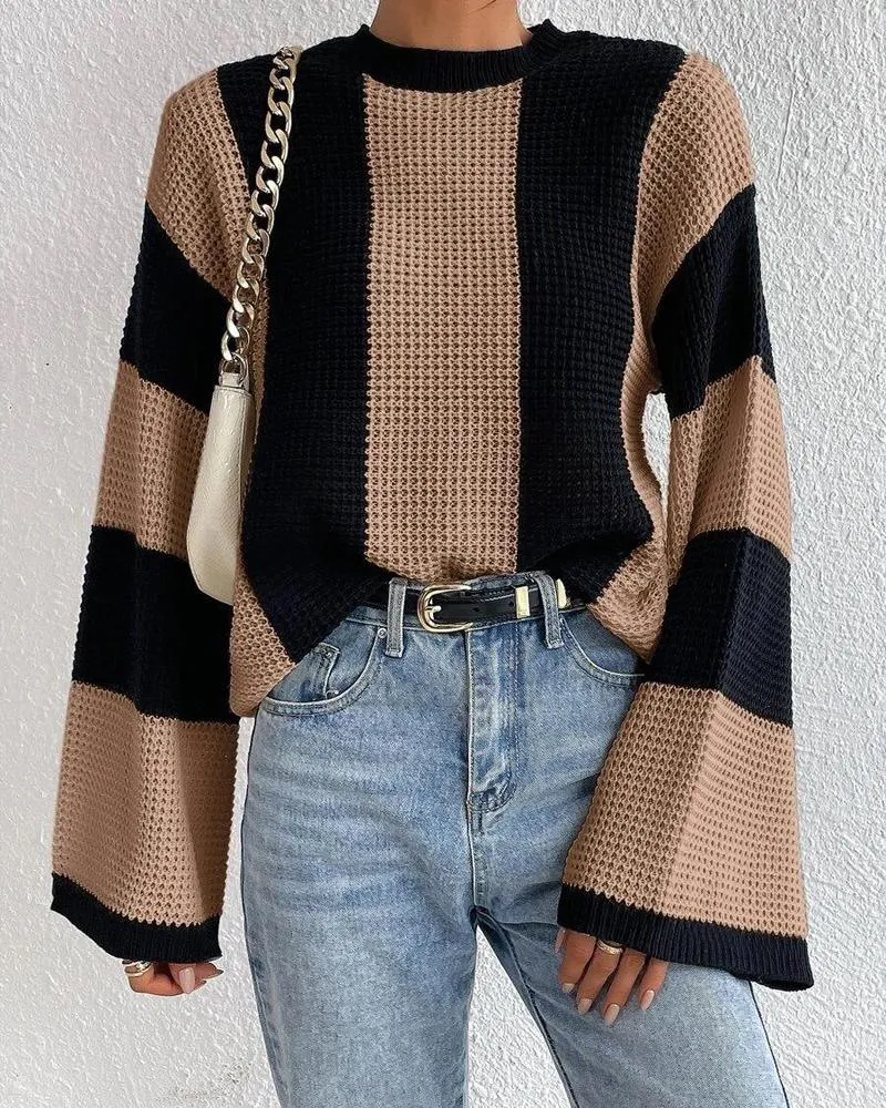 Striped Colorblock O Neck Knit Sweater
