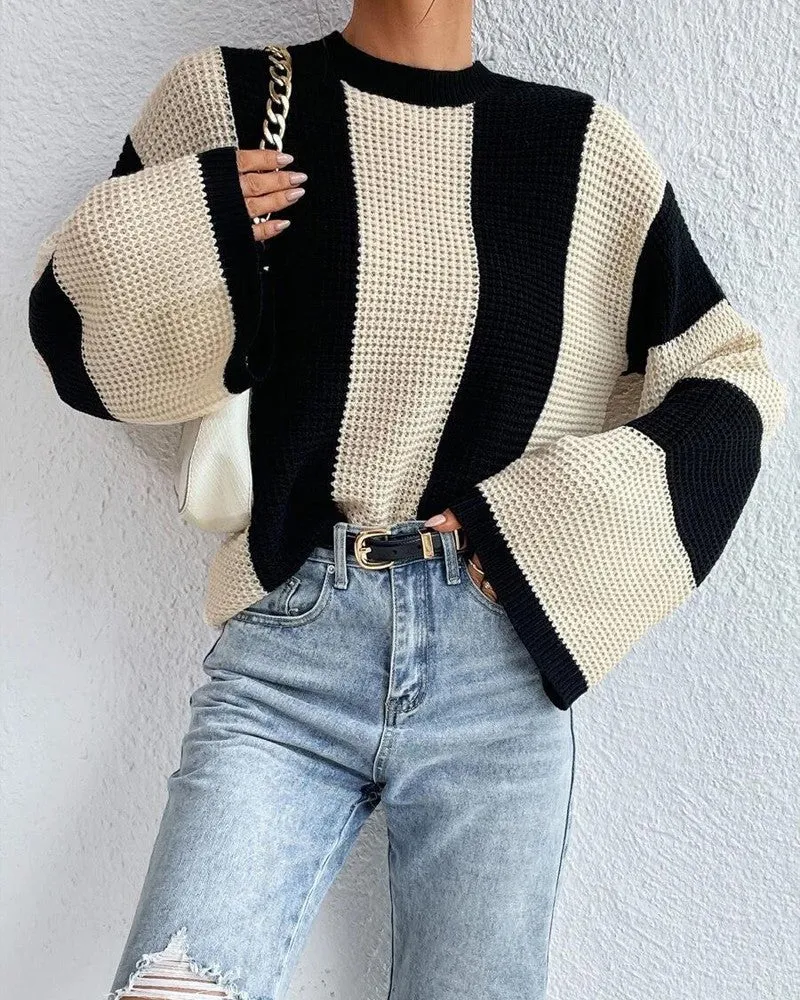 Striped Colorblock O Neck Knit Sweater