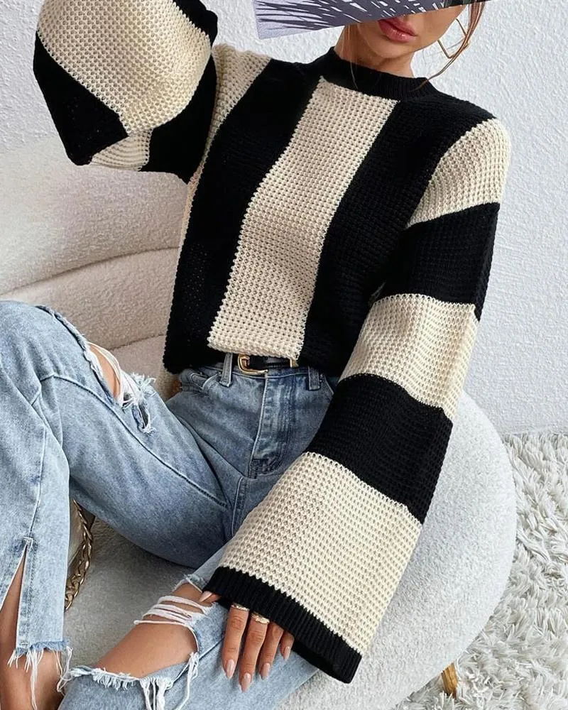 Striped Colorblock O Neck Knit Sweater