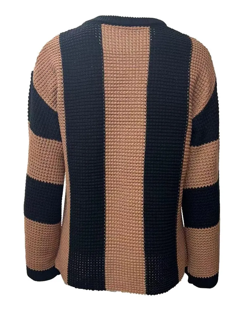 Striped Colorblock O Neck Knit Sweater