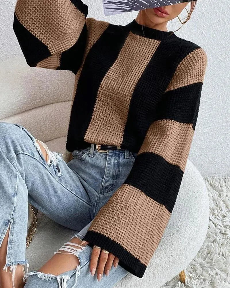 Striped Colorblock O Neck Knit Sweater
