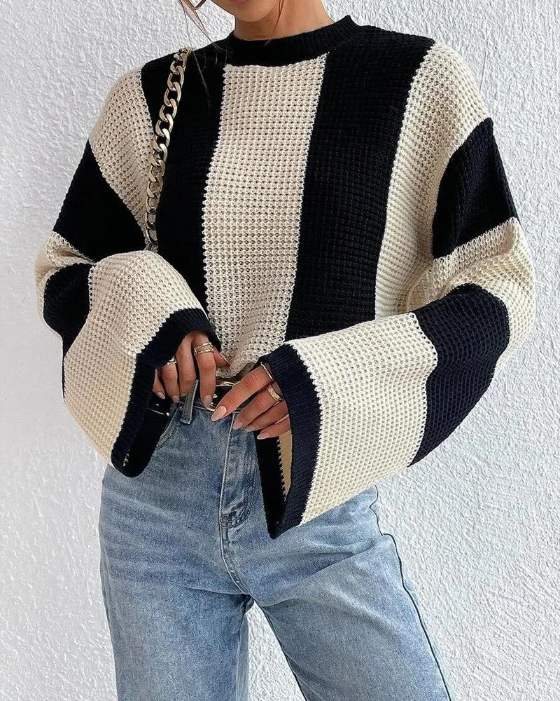 Striped Colorblock O Neck Knit Sweater