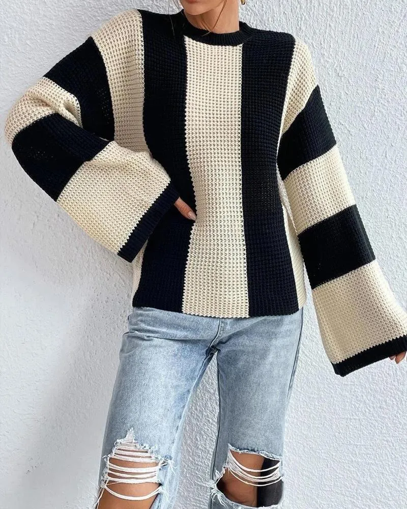 Striped Colorblock O Neck Knit Sweater