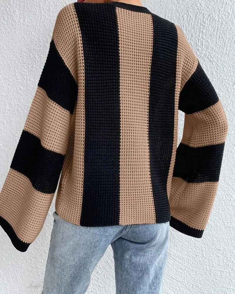 Striped Colorblock O Neck Knit Sweater