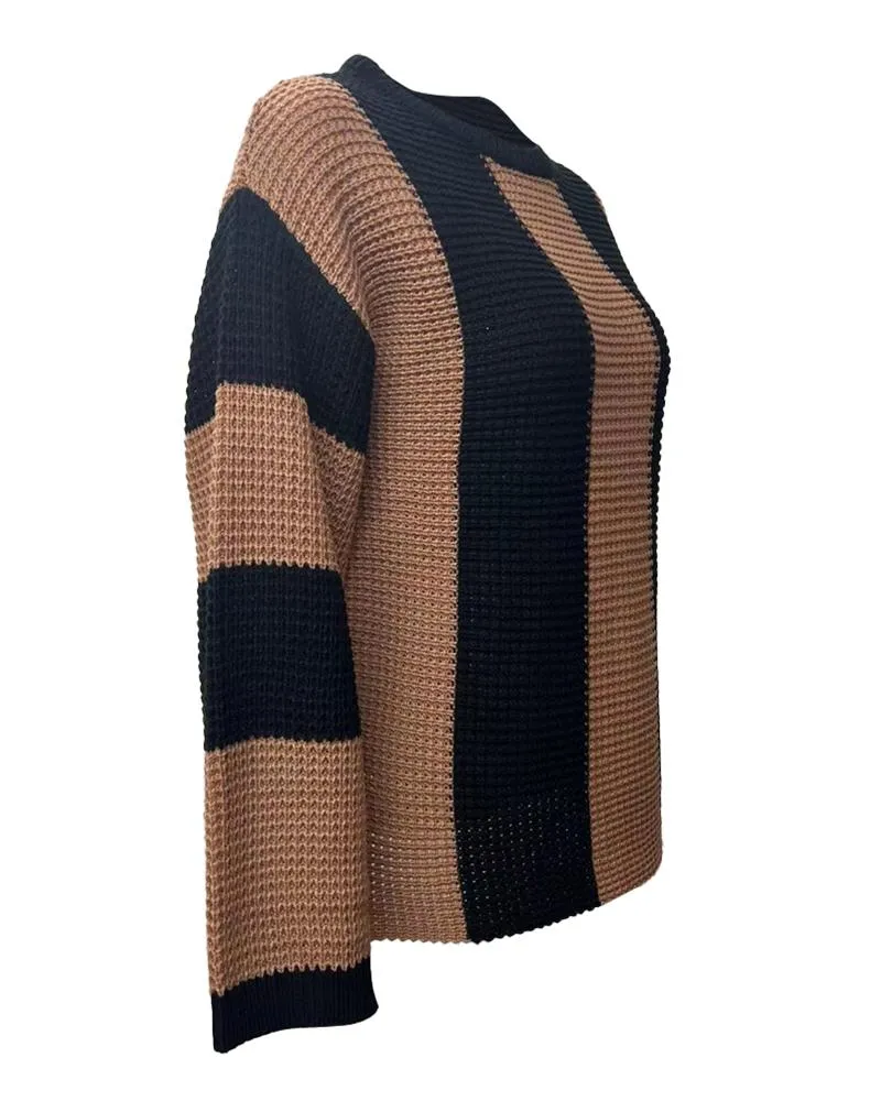 Striped Colorblock O Neck Knit Sweater