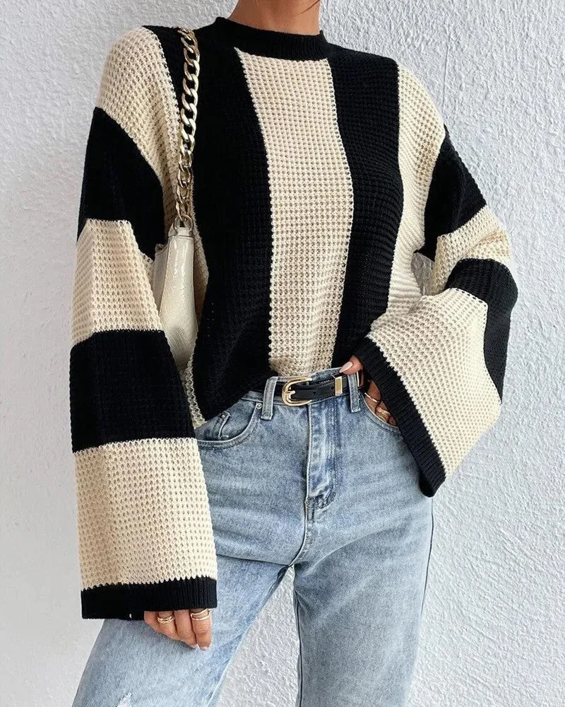 Striped Colorblock O Neck Knit Sweater