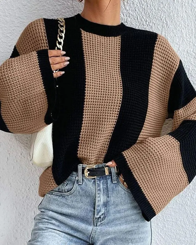 Striped Colorblock O Neck Knit Sweater