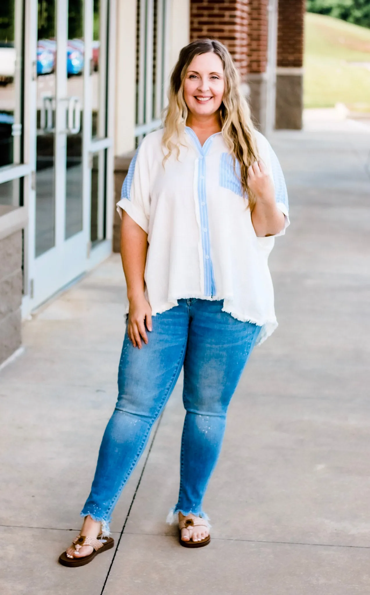 Summer Vacation Striped Detail Linen Top