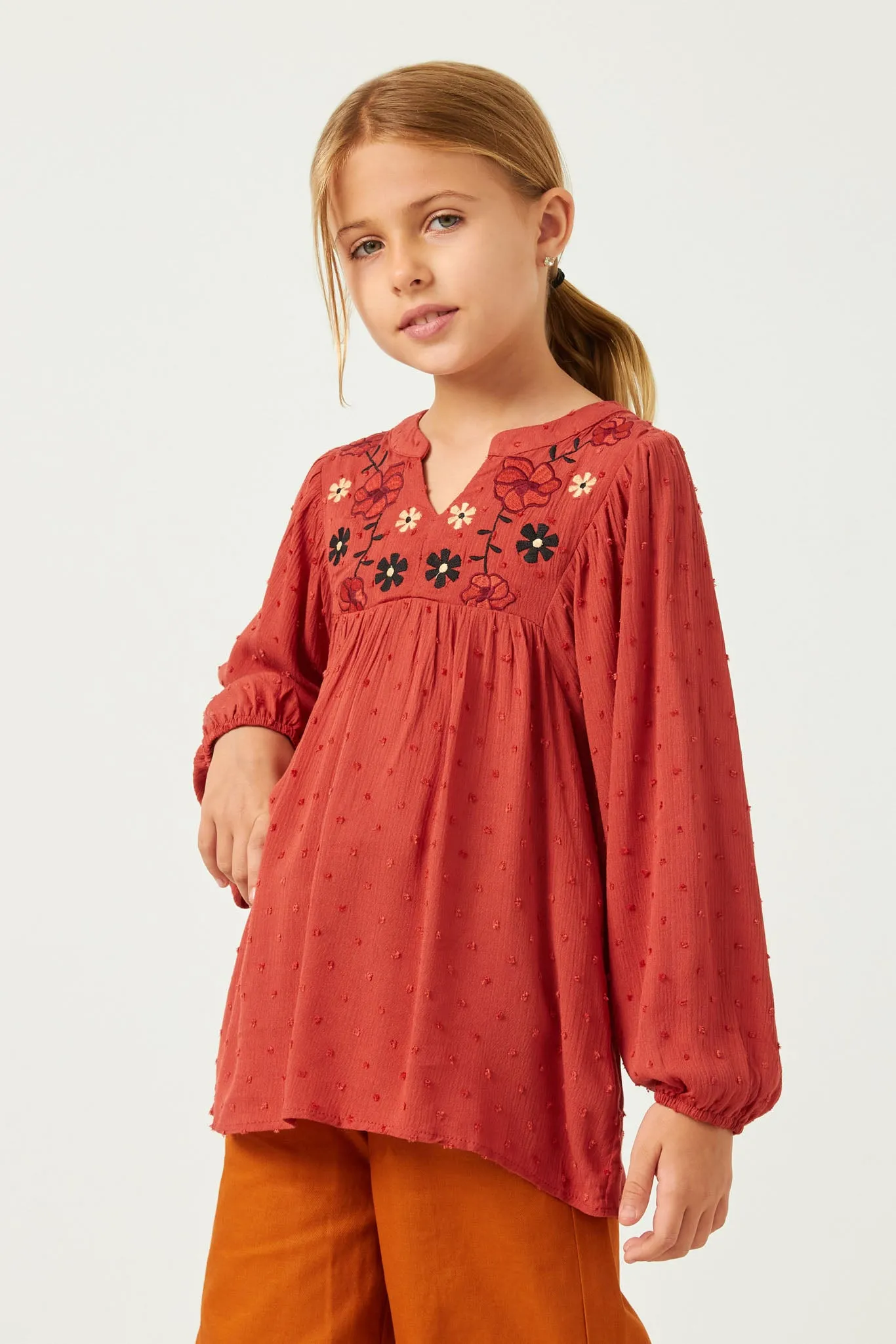 Swiss Dot Embroidered Bodice Long Sleeve Top