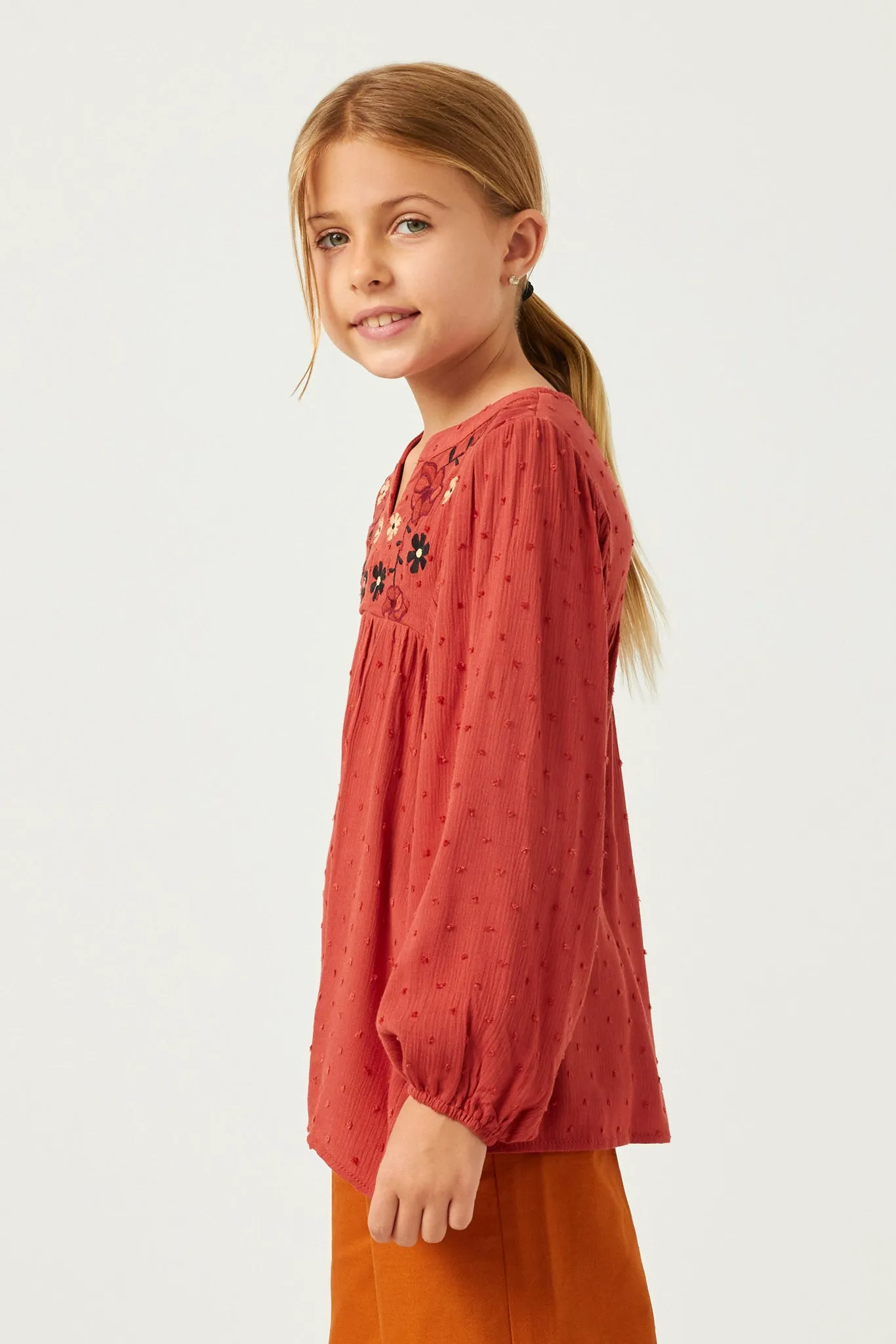 Swiss Dot Embroidered Bodice Long Sleeve Top