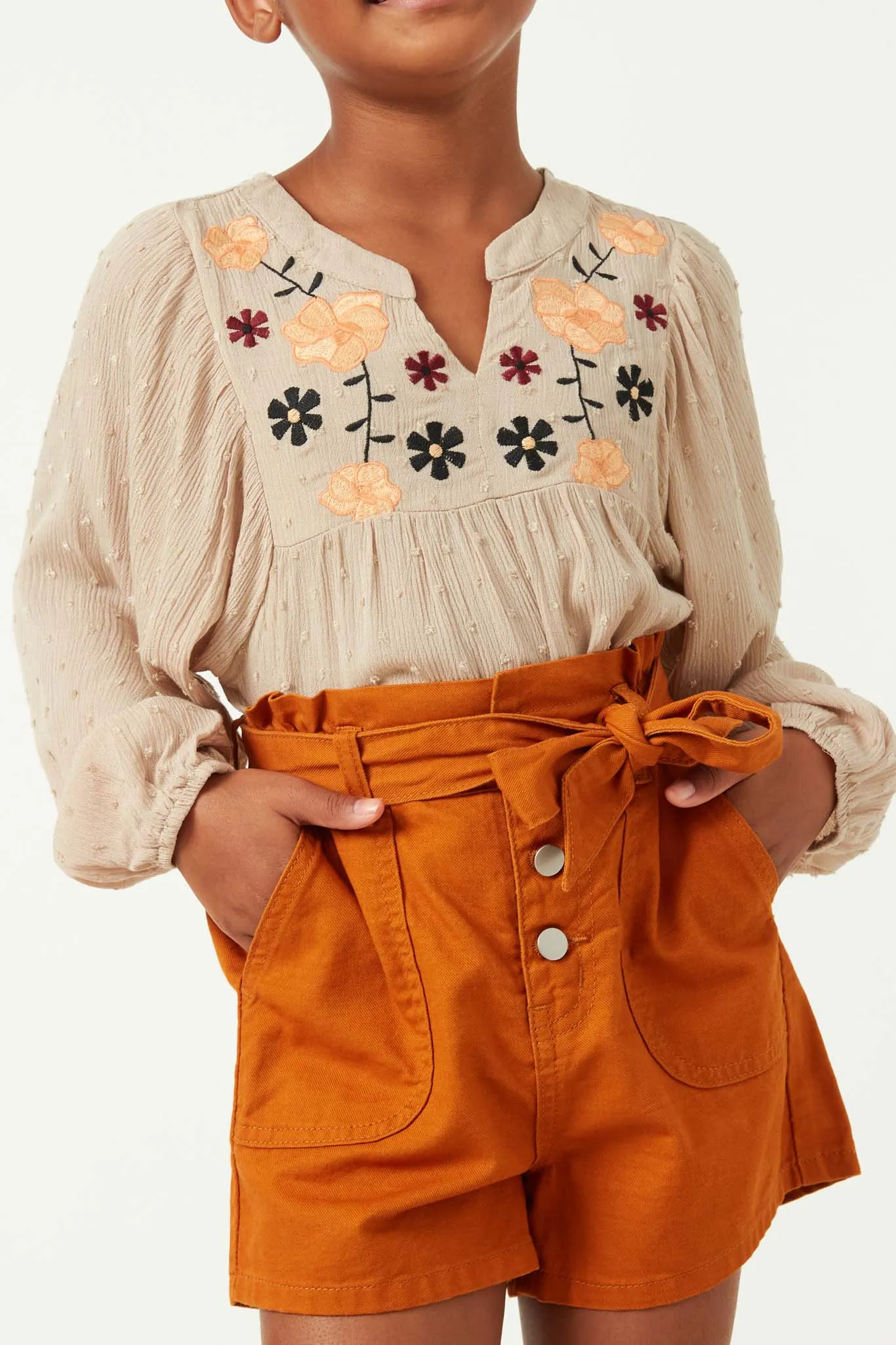 Swiss Dot Embroidered Bodice Long Sleeve Top