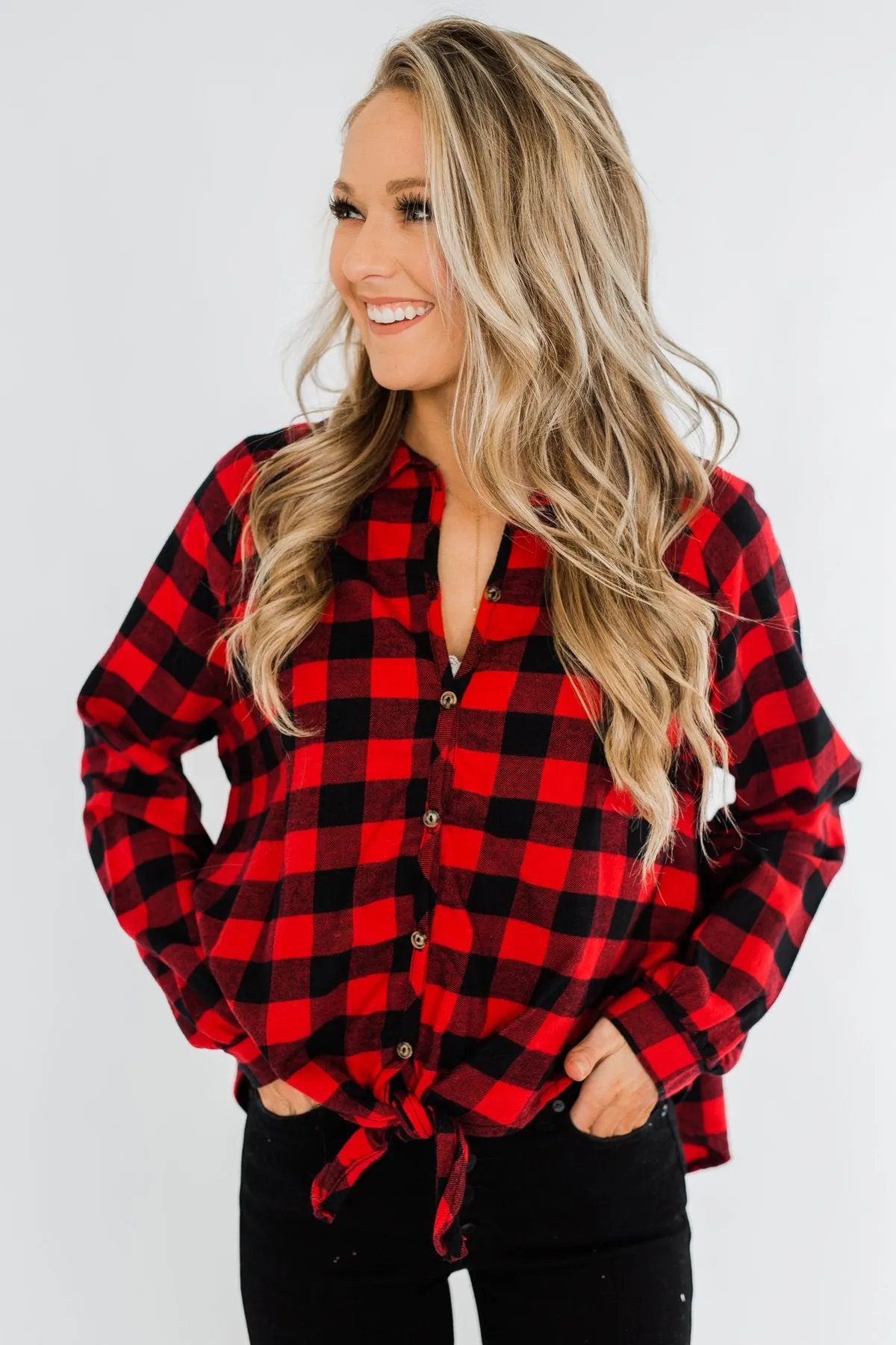 Takes Me Back Front Tie Plaid Top- Buffalo Plaid