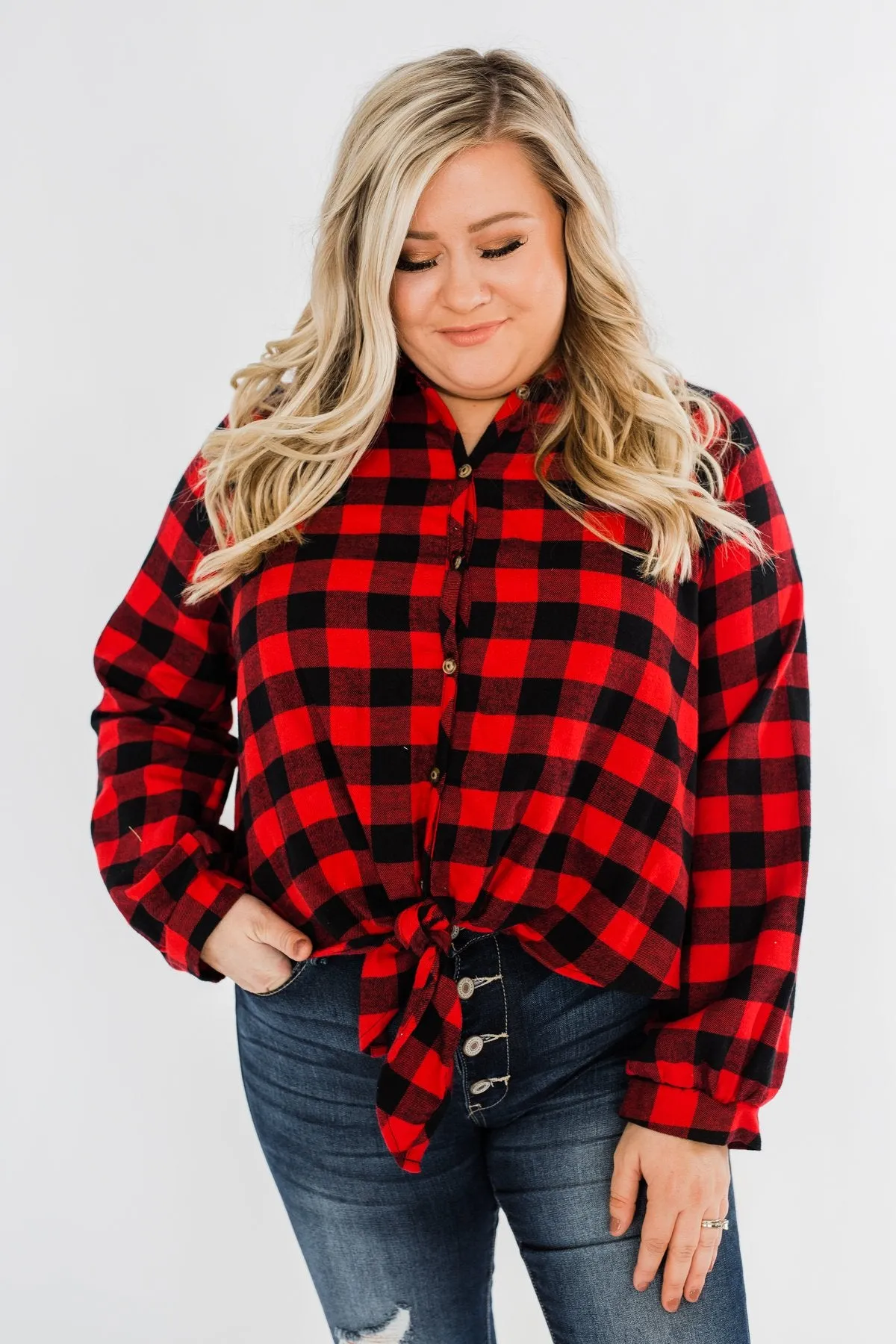 Takes Me Back Front Tie Plaid Top- Buffalo Plaid